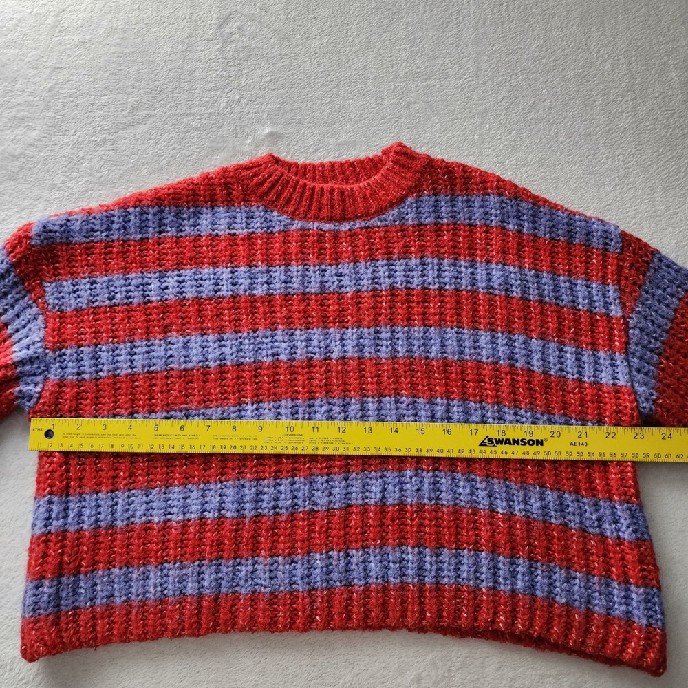 Striped Chunky Knit Sweater Womens Medium Red Purple Cropped Grunge Wool Blend - Picture 8 of 11